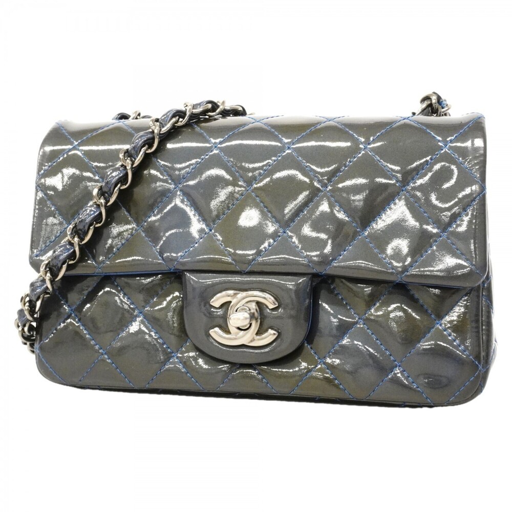 Chanel Mini Matelassé Chain Shoulder Bag, Patent Leather, Gray/Blue, Women's,...